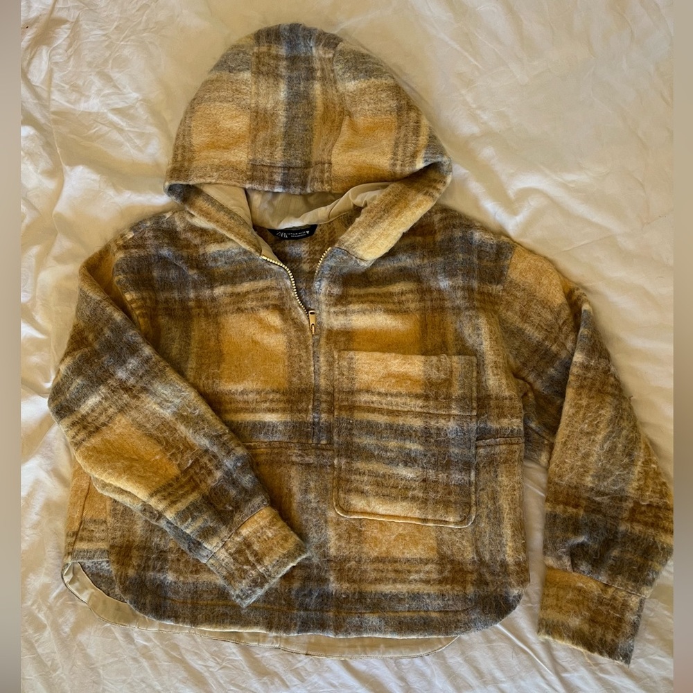 ZARA | Wool-Blend Half-Zip Plaid Pullover with Hood Size M